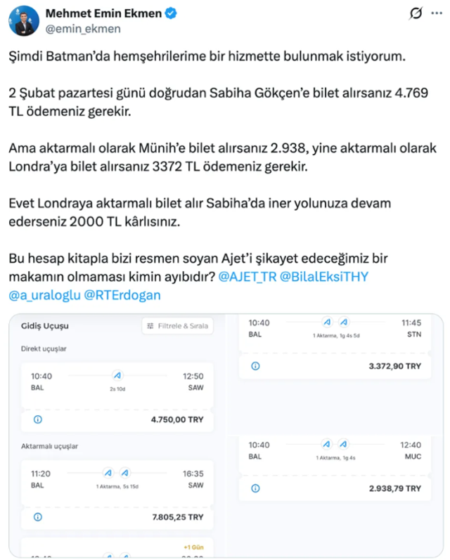 Mersin Milletvekili Mehmet Emin Ekmen: Batman'dan Ankara u&ccedil;uşu Londra'dan daha pahalı