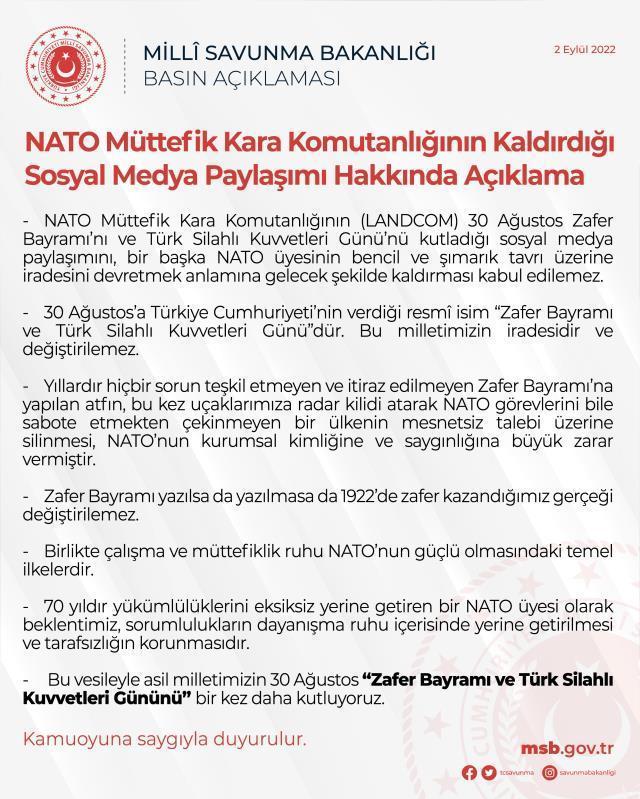 NATO'nun 30 Ağustos paylaşımını kaldırmasına MSB'den sert tepki: Kabul edilemez