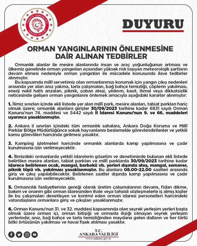 İstanbul'un ardından Ankara'da da ormanlık alanlara girişler yasaklandı