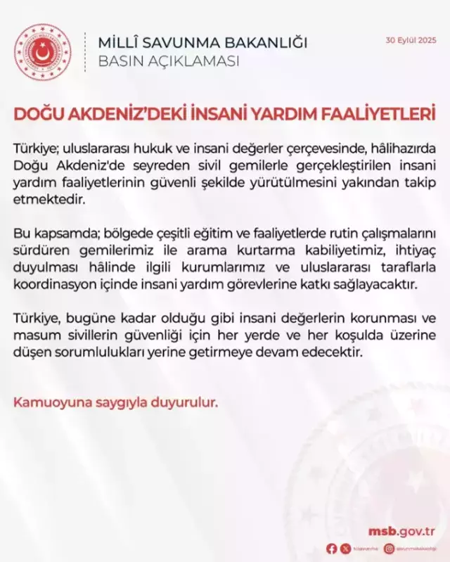 MSB: Doğu Akdeniz'deki Gazze filosuna gemilerimiz insani yardım sağlayacak
