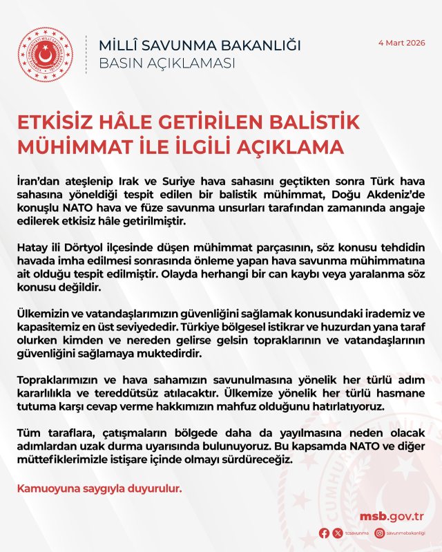 İran'dan atılan balistik f&uuml;ze T&uuml;rk hava sahasında d&uuml;ş&uuml;r&uuml;ld&uuml;