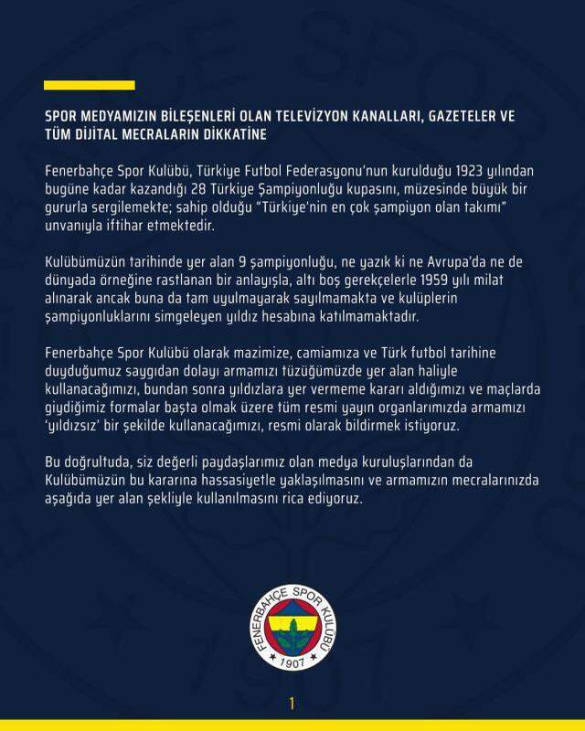 Fenerbahçe'den net karar: Armamızda artık yıldız kullanmayacağız