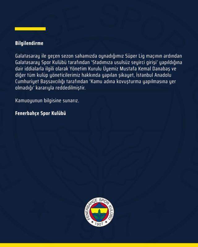 Fenerbahçe hakkında şikayette bulunan Galatasaray'ın başvurusu reddedildi