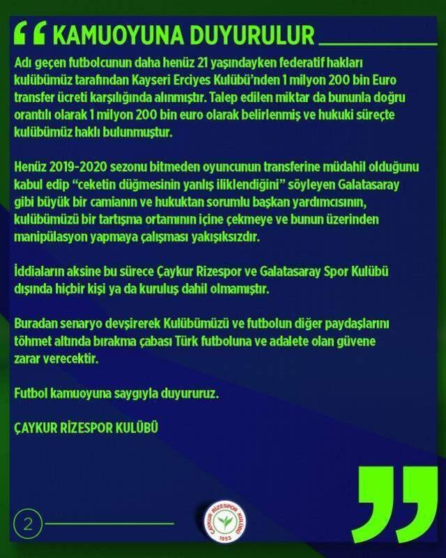 Rizespor, Oğulcan Çağlayan konusunda topu Galatasaray'a attı: Biz anlaşmıştık
