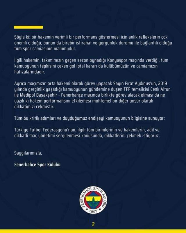 Fenerbahçe, Başakşehir maçına saatler kala TFF ve hakem Ali Şansalan'ı uyardı