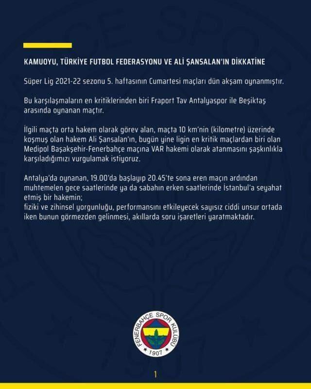 Fenerbahçe, Başakşehir maçına saatler kala TFF ve hakem Ali Şansalan'ı uyardı