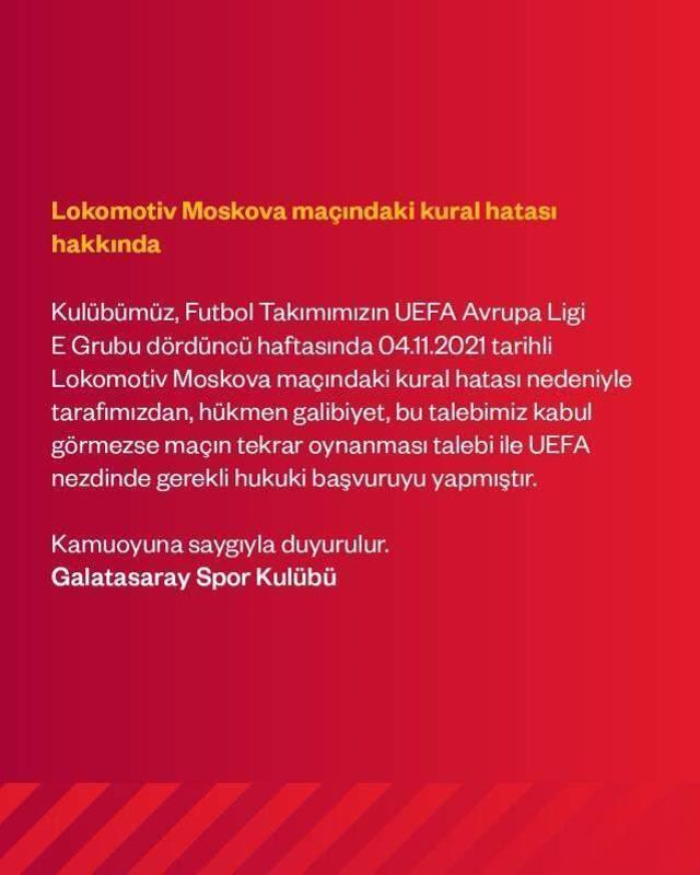 Son Dakika: Galatasaray, Lokomotiv Moskova maçındaki kural hatası nedeniyle UEFA'ya başvuruda bulundu