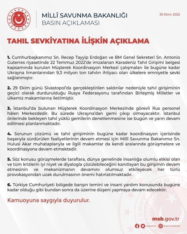 Son Dakika! MSB'den Tahıl Koridoru açıklaması: Sorunun çözümü için Rusya ile görüşmeler devam ediyor