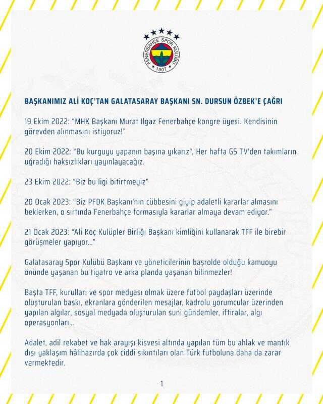 Son Dakika: F.Bahçe Başkanı Ali Koç'tan, G.Saray Başkanı Özbek'e tarihi davet: İstediğiniz kanalda çıkıp tartışalım