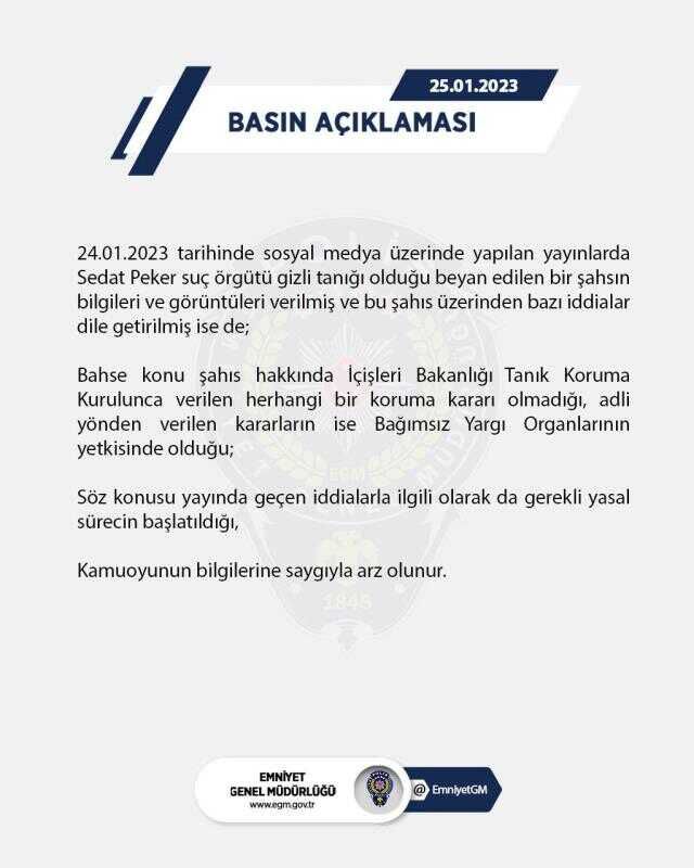 EGM'den Sedat Peker suç örgütüne ilişkin iddialar hakkında açıklama