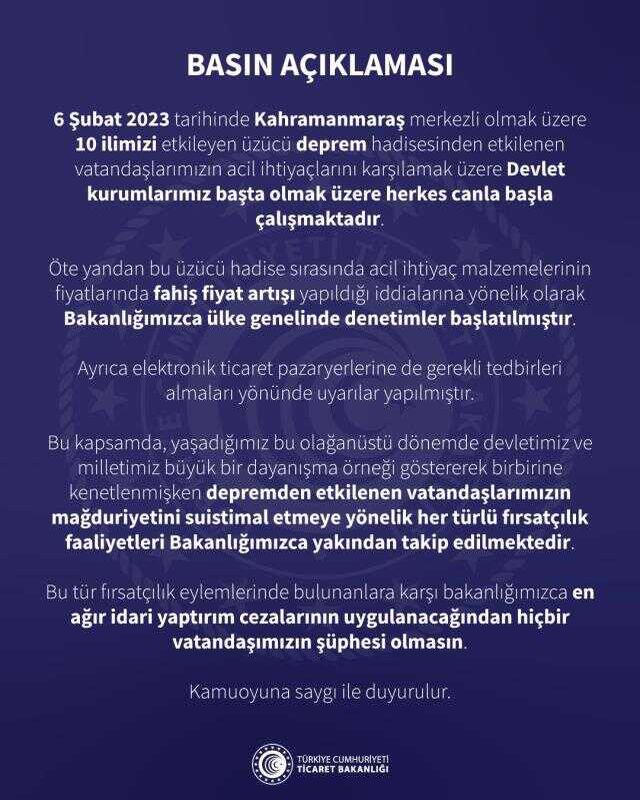 Son Dakika: Ticaret Bakanlığı, deprem sonrası acil ihtiyaç malzemelerinin fiyatlarında fahiş artış yapıldığı iddialarına yönelik denetim başlattı