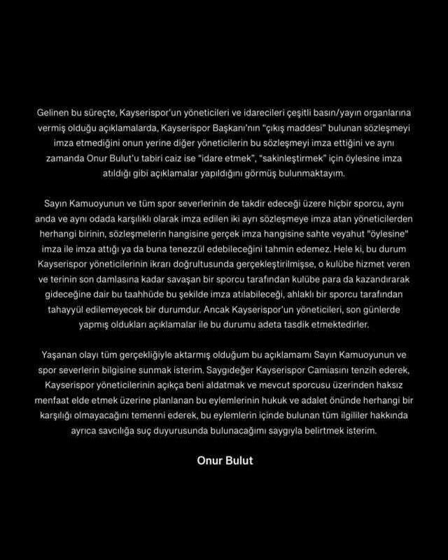 Onur Bulut Kayserispor'a ağır suçlama: Aldatma üzere planlanan eylem için suç duyurusunda bulunacağım