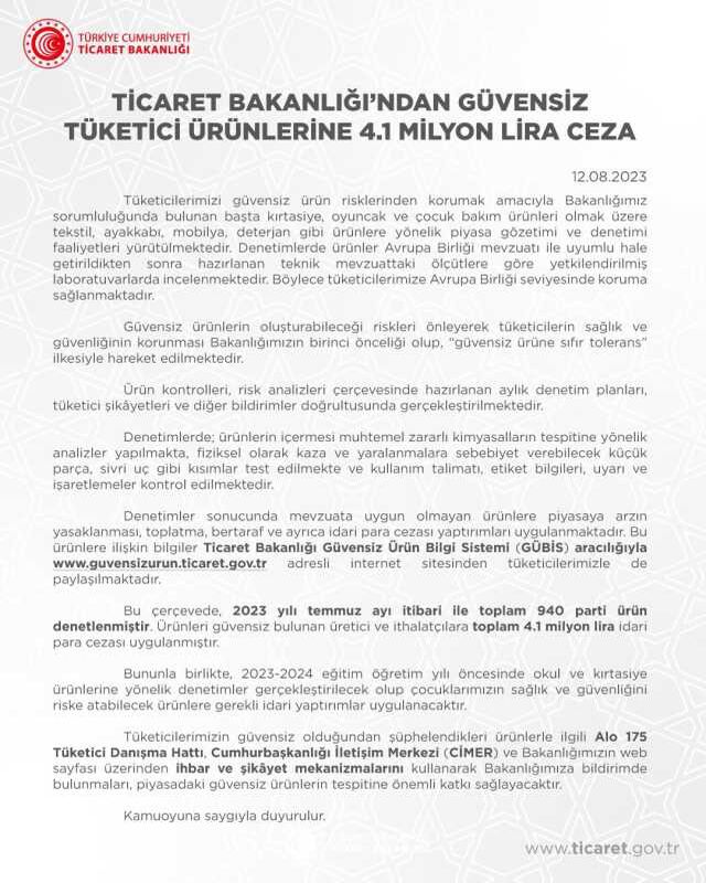 Ticaret Bakanlığı'ndan ürünleri güvensiz bulunan firmalara 4.1 milyon lira ceza