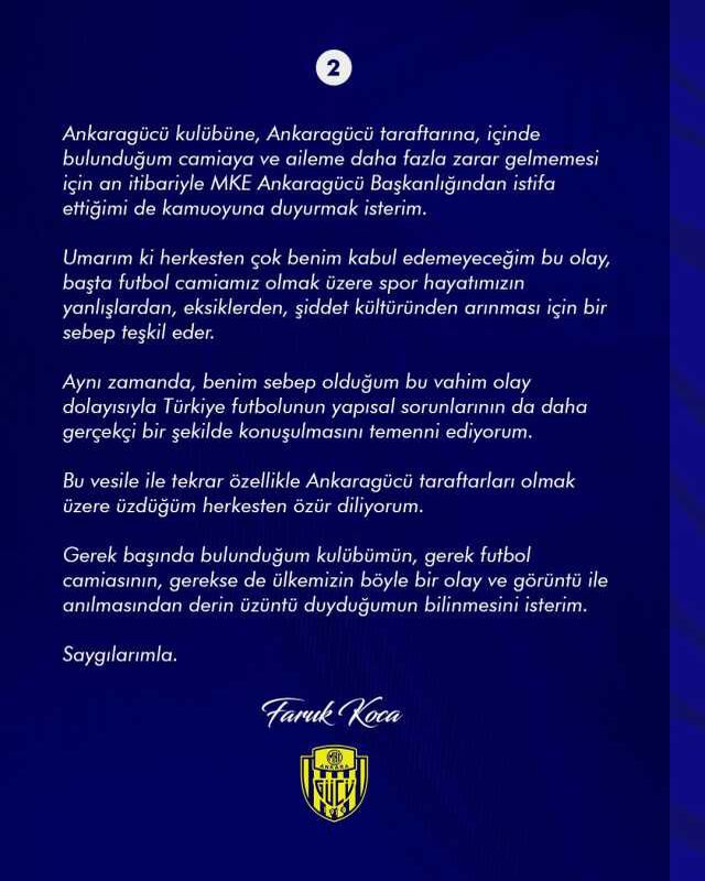 MKE Ankaragücü Kulübü Başkanı Faruk Koca görevinden istifa etti