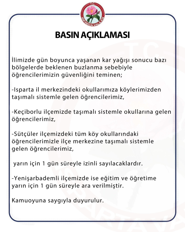 Antalya okullar tatil mi 26 Aralık Perşembe (Son Dakika Antalya Valiliği)?