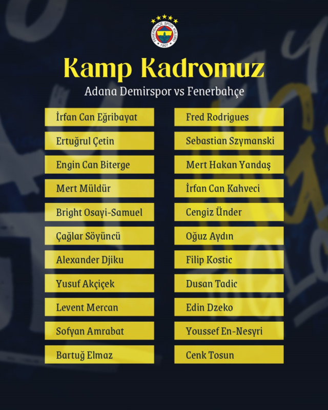 6 eksik var: Fenerbahçe'nin Adana Demirspor maçı kamp kadrosu belli oldu