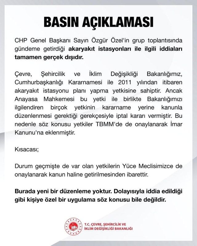 Bakanlık, CHP Genel Başkanı Özgür Özel'in Akaryakıt İstasyonları İddialarını Yalanladı