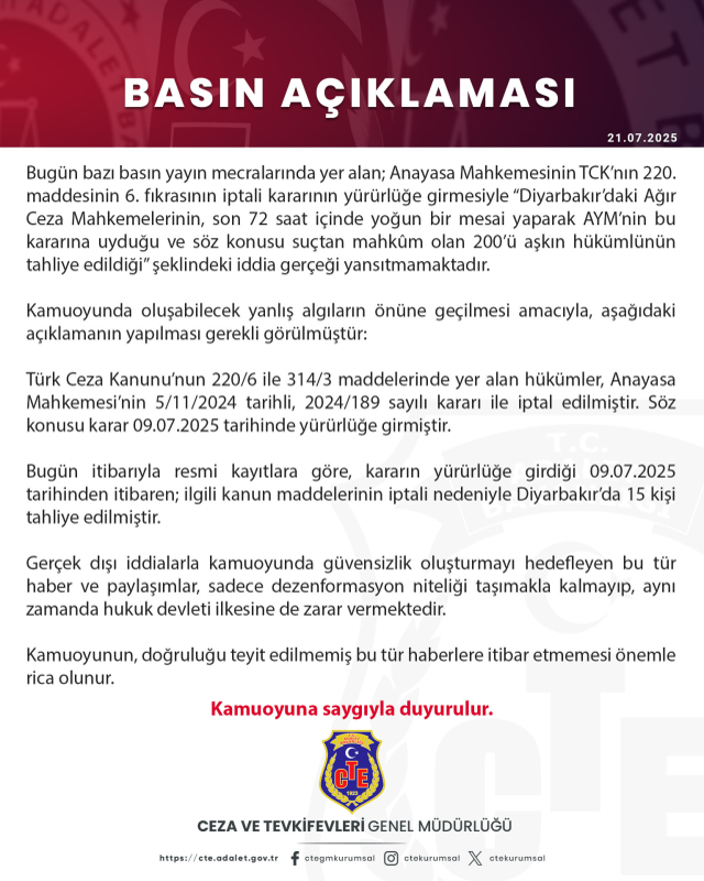 CTE: 200'ü aşkın hükümlünün tahliye edildiği şeklindeki iddia gerçeği yansıtmamaktadır