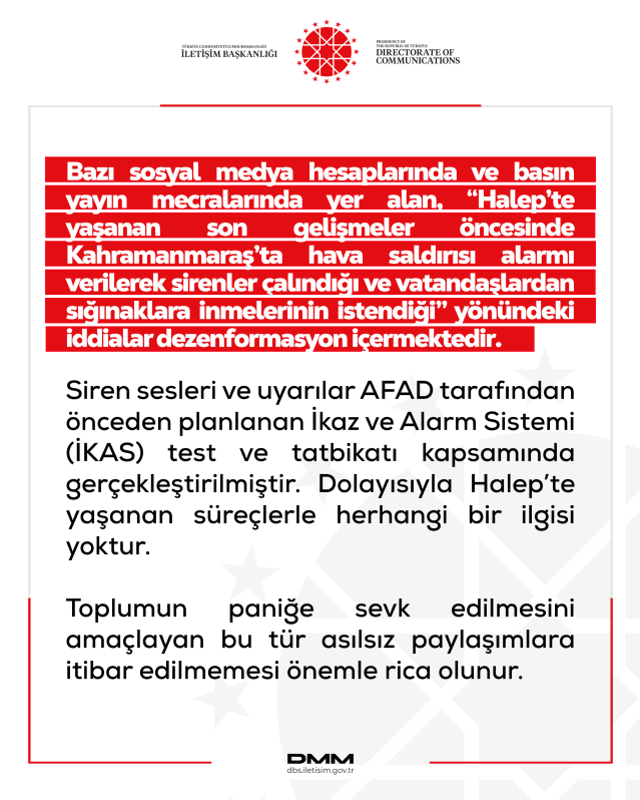 DMM, 'Halep'te yaşanan son gelişmeler öncesinde Kahramanmaraş'ta vatandaşlardan sığınaklara inmelerinin istendiği' iddialarını yalanladı