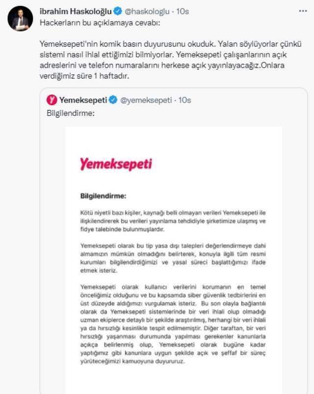 Hackerlardan Yemeksepeti'ne yanıt: 1 hafta süreniz var, herkse açıklayacağız