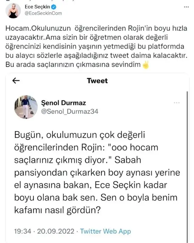 Ece Seçkin, kendisi üzerinden öğrencisine boy esprisi yapan öğretmene sert çıktı