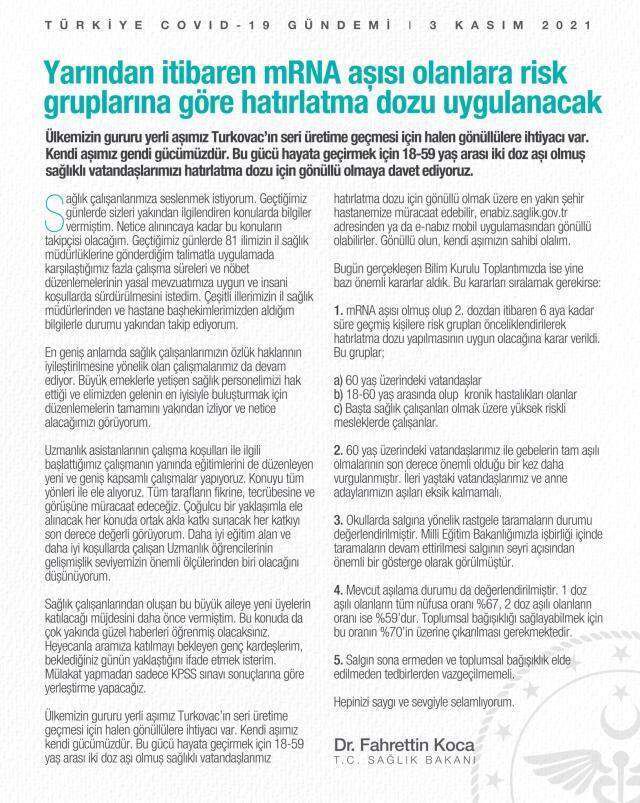 3. doz aşı BioNTech aşısı kimlere yapılacak? 3. doz aşıda öncelikli gruplar hangileri?