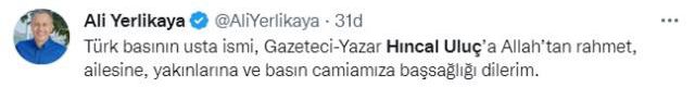 Hıncal Uluç'un vefatı sonrası spor ve siyaset dünyasından peş peşe taziye mesajları geldi