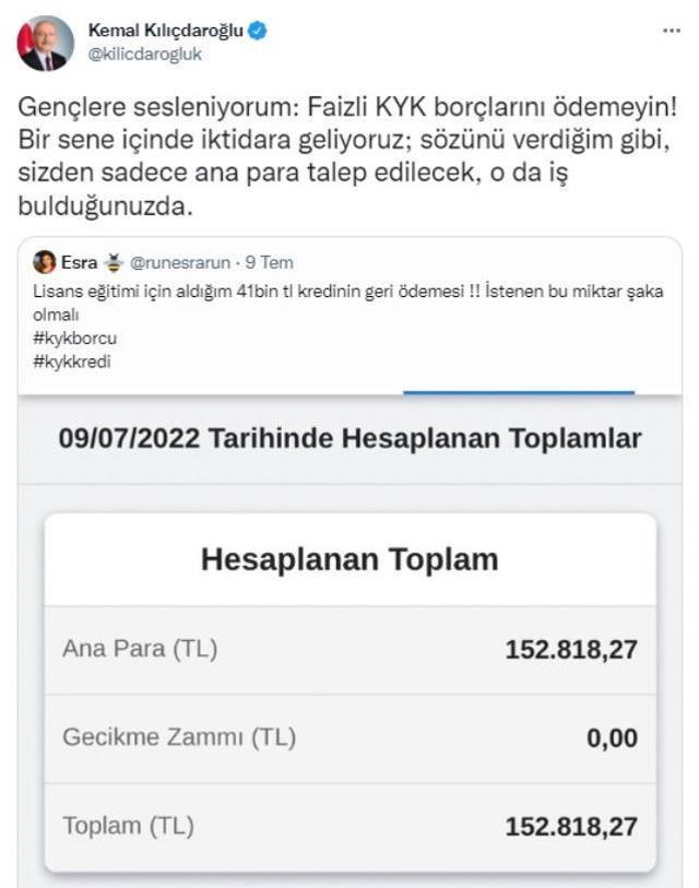 Cumhurbaşkanı Erdoğan'ın KYK faizlerine yönelik açıklamasının ardından Kılıçdaroğlu'ndan hükümete bomba gönderme