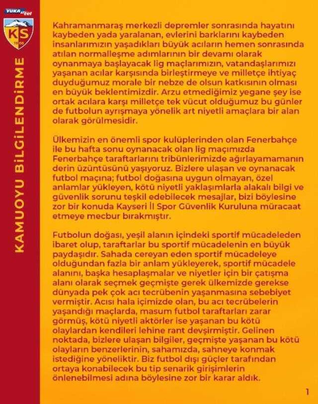 Kayserispor'dan Fenerbahçe maçı açıklaması: Mesele Fenerbahçe taraftarı ile ilgili değildir