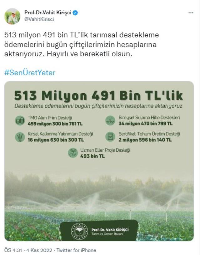 Çiftçinin dört gözle beklediği 513 milyon liralık destek, hesaplara yatırıldı