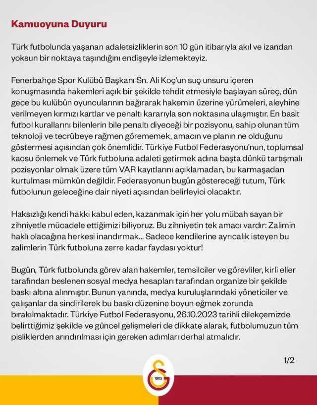 Galatasaray'dan Fenerbahçe maçındaki hakem kararlarına zehir zemberek tepki: VAR kayıtlarını açıklayın