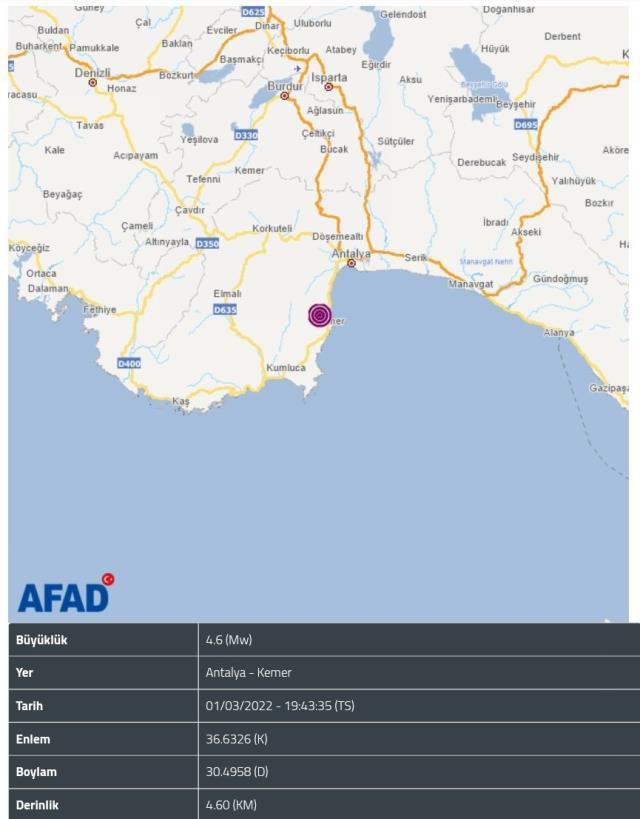 Deprem mi oldu? 1 Mart Salı 2022 Antalya Kemer'de deprem mi oldu? Kemer depremi nerede oldu, merkez üssü neresi? Kaç şiddetinde deprem oldu?