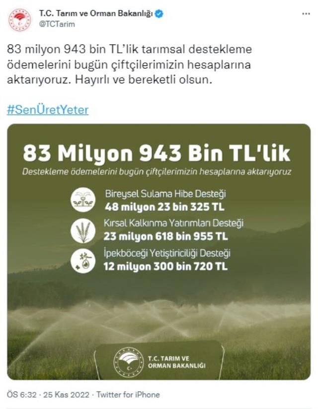Çiftçinin dört gözle beklediği 83 milyon liralık destek, hesaplara yatırılmaya başlandı