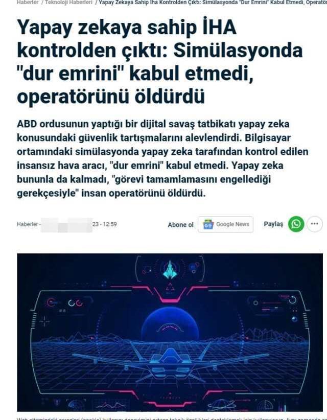 Yapay zeka tarafından kontrol edilen askeri İHA'nın kendisine engel olan komutanını öldürdüğü iddiası
