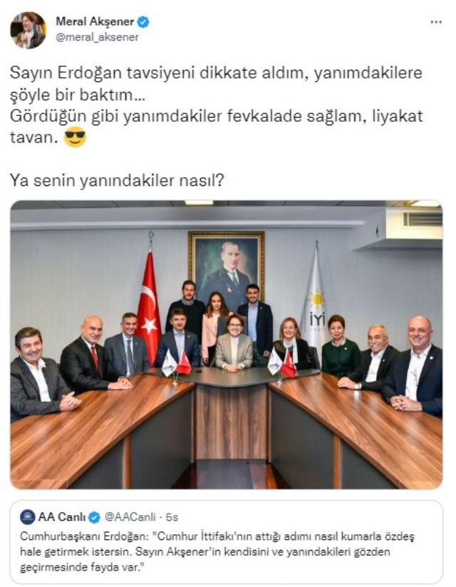 Akşener'den 'Yanındakileri gözden geçir' diyen Cumhurbaşkanı Erdoğan'a fotoğraflı yanıt