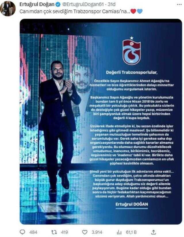 Trabzonspor'da ilk başkan adayı Ertuğrul Doğan oldu