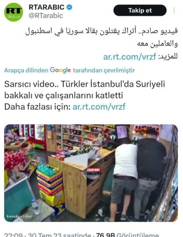 Rusya Today, Esenyurt'ta iki kişin öldüğü olayı Türkler, Suriyelere saldırdı başlığı ile paylaştı