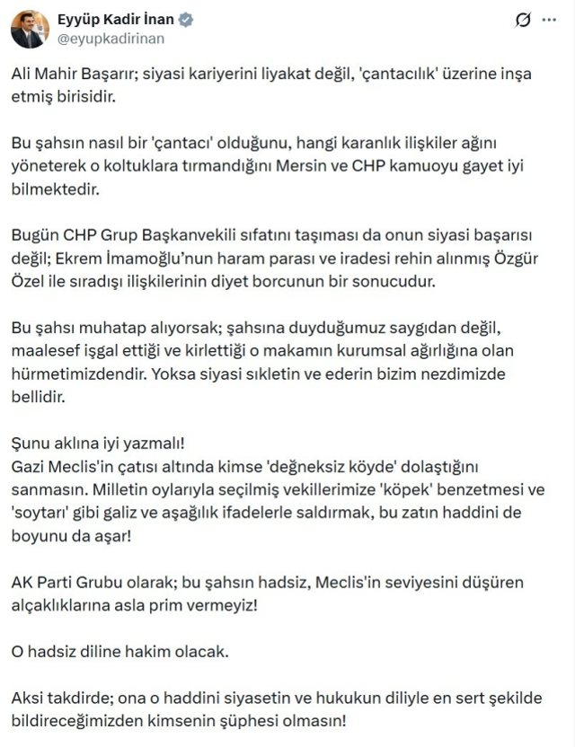 AK Partili İnan, Ali Mahir Başarır'a ateş püskürdü: Kariyerini 'çantacılık' üzerine inşa etmiş birisi