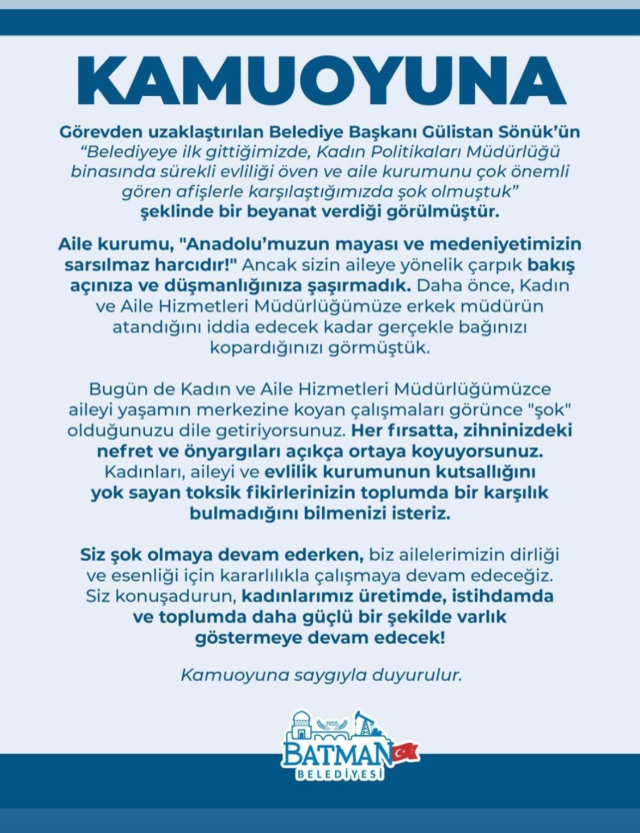 Batman Belediyesi'nden eski belediye başkanı Gülistan Sönük'e tepki