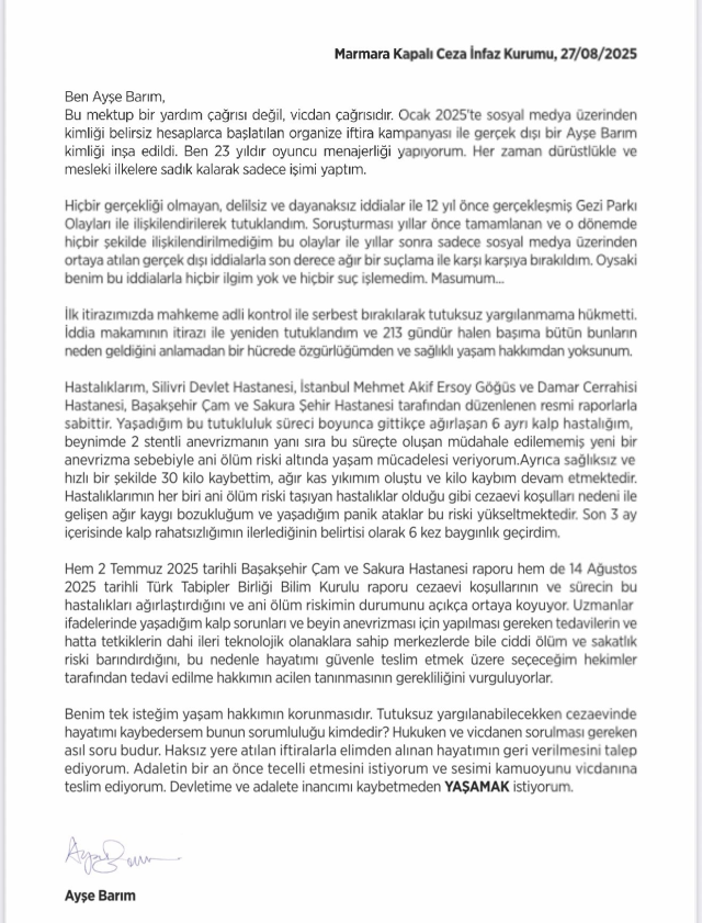 Gezi Parkı davasında tutuklu Ayşe Barım'dan cezaevinden mektup: Sağlık durumum giderek kötüleşiyor