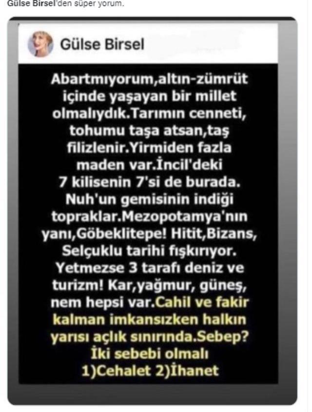'Altın zümrüt içinde yaşayan bir millet olmalıydık' diye başlayan yazının Gülse Birsel'e ait olduğu iddiası