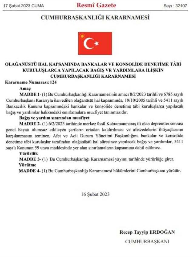 Bankaların bağış ve yardım sınırlamasına muafiyet getirildi