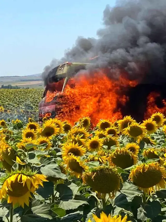 Buğday yüklü kamyon bilinmeyen bir nedenle alev alev yandı