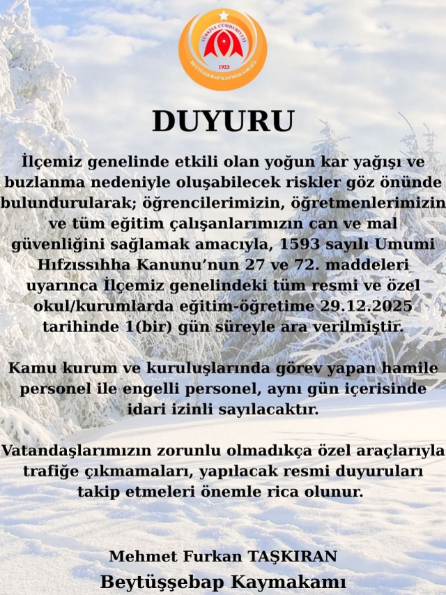 Şırnak okullar tatil mi? 29 Aralık Pazartesi yarın Şırnak'ta okul yok mu (KAR TATİLİ)?