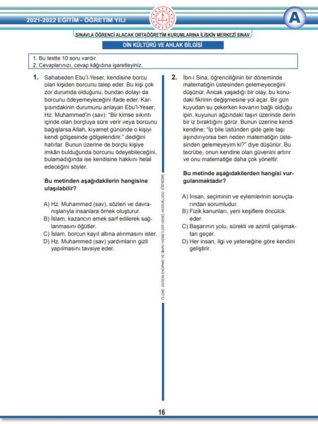 LGS 2022 Tarih, Din Kültürü, İngilizce soru ve cevapları! MEB 2022 LGS Tarih, Din Kültürü, İngilizce (Sözel) soruları ve cevapları nedir?