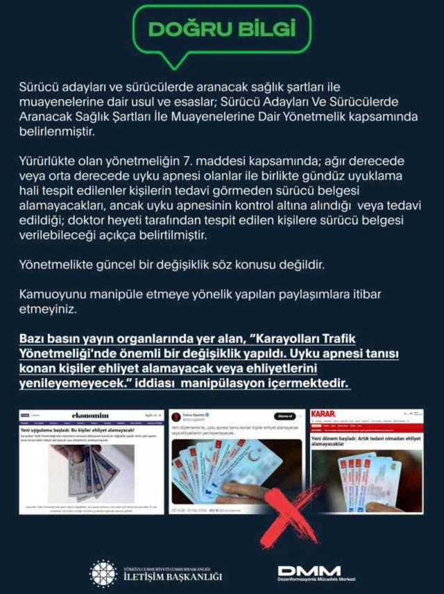 İletişim Başkanlığı: Uyku apnesi tanısı konan kişilerin ehliyet alamayacağı ve yenileyemeyeceği iddiası doğru değil