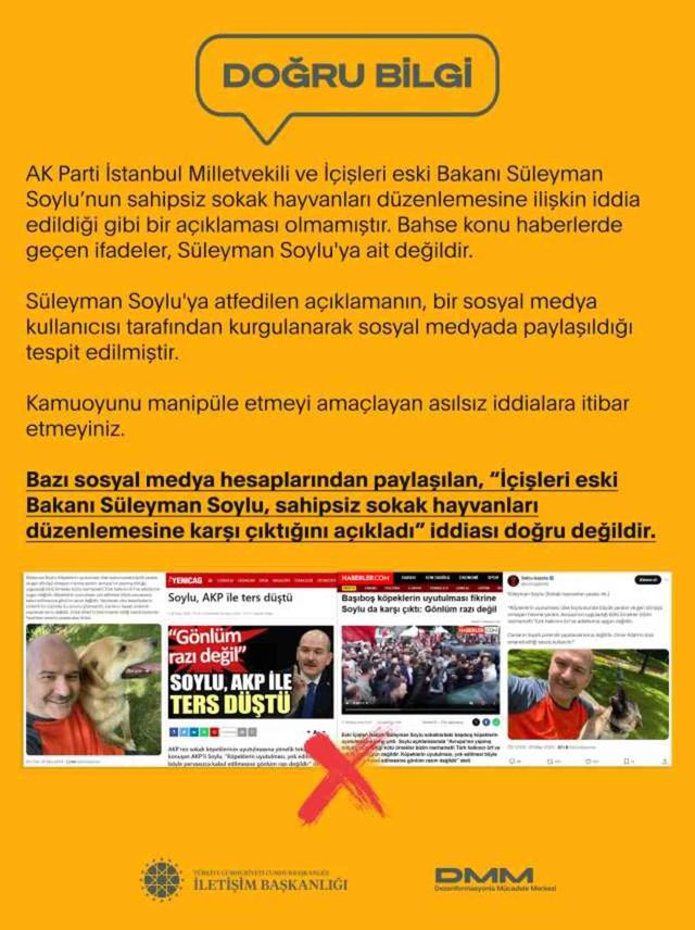 İletişim Başkanlığı: Süleyman Soylu'nun sokak hayvanları düzenlemesine karşı çıktığı iddiası doğru değildir