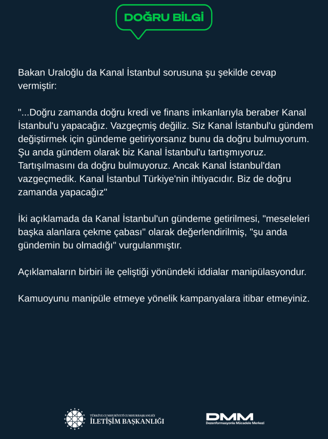 İletişim Başkanlığı: Bakanların Kanal İstanbul Açıklamaları Çelişmiyor