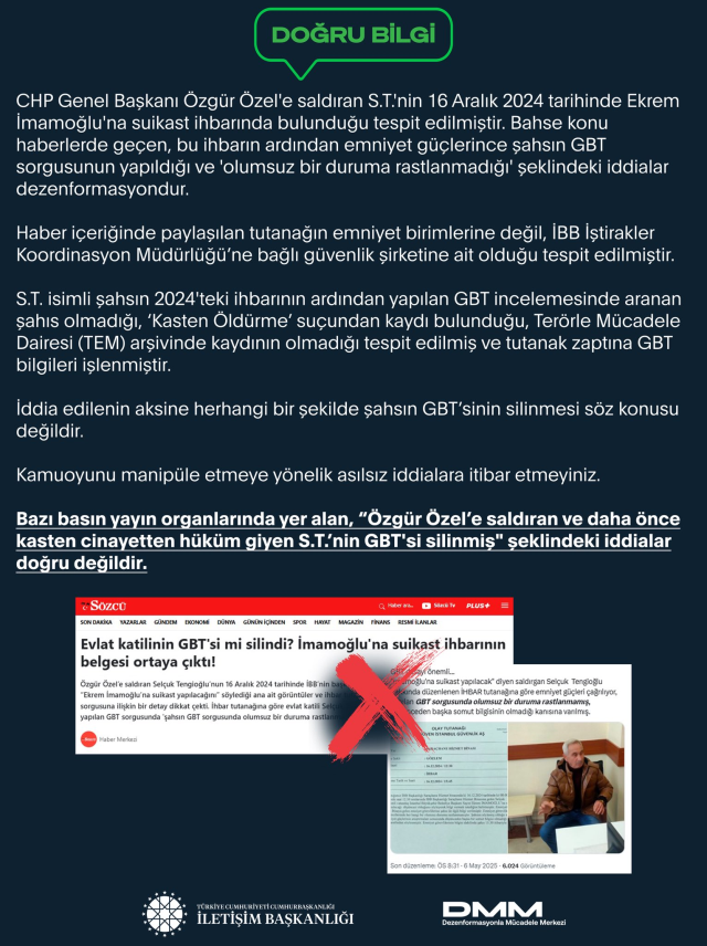 Özel'e saldıran şahsın GBT'sinin silindiği iddiasına Cumhurbaşkanlığından yalanlama