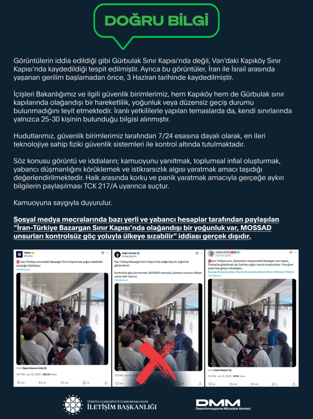 İletişim Başkanlığı: MOSSAD Unsurlarının Sınır Kapısından Sızma İddiası Yalan